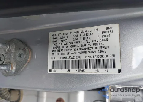 2007 Honda Accord 2.4 Lx from USA, damaged, VIN 1HGCM56477A220766